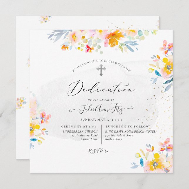 PixDezines Watercolor Summer Roses Dedication Invitation (Front/Back)