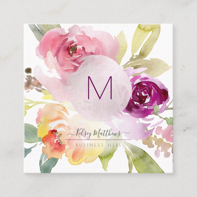 PixDezines Watercolor Summer Roses Square Business Card (Front)