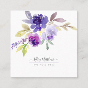 PixDezines Watercolor Summer Roses, Violet Purple Square Business Card