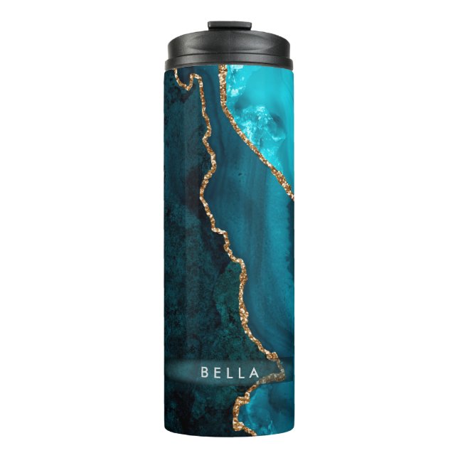 PixDezines WATERCOLOR TEAL AGATE FAUX GOLD Thermal Tumbler (Front)
