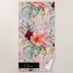PixDezines Watercolor Tropical Paradise Flowers Beach Towel