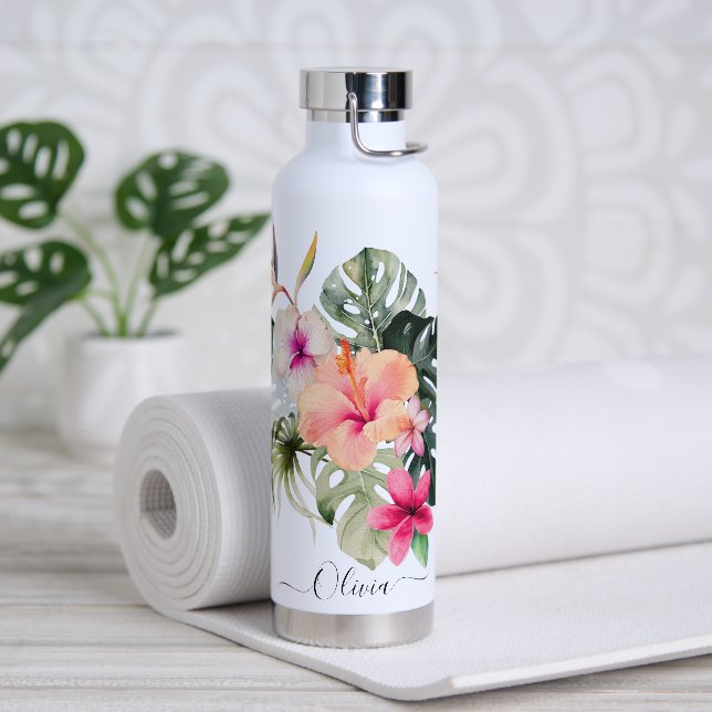 PixDezines Watercolor Tropical Paradise Flowers Water Bottle (Yoga)