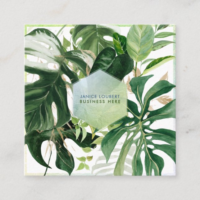 PixDezines Watercolor Variegated Tropical Greenery Square Business Card (Front)