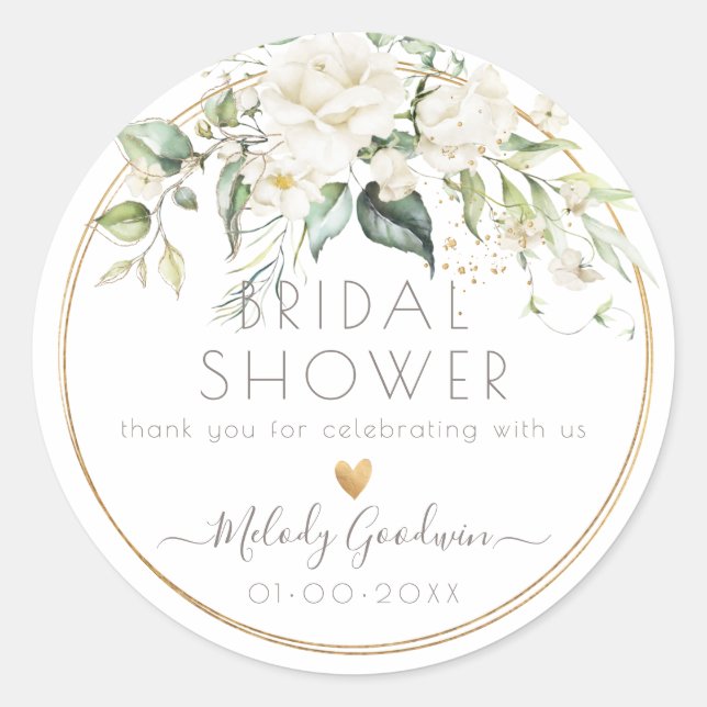 PixDezines Watercolor White Cream Roses+Greenery Classic Round Sticker (Front)