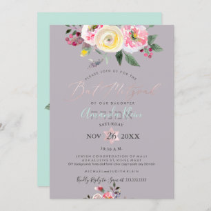 PixDezines Watercolor Winter Roses Bat Mitzvah Invitation