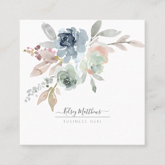 PixDezines Watercolor Winter Roses, Dusty Blue Square Business Card (Front)