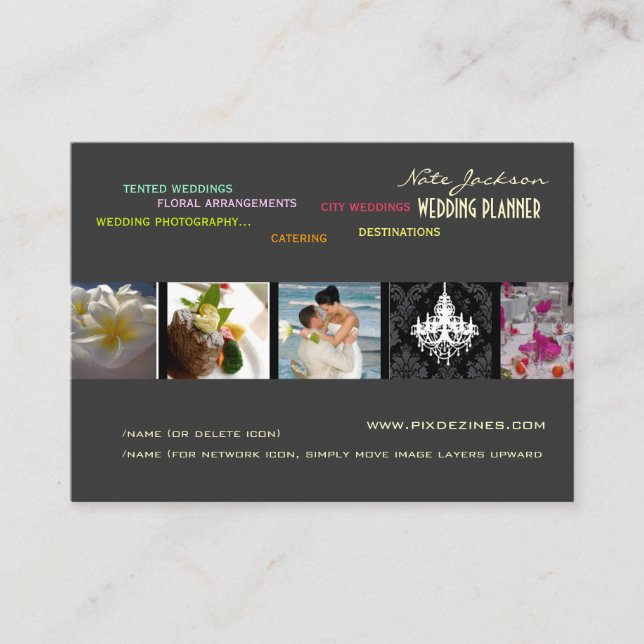PixDezines wedding planners/diy colours+fonts Business Card (Front)