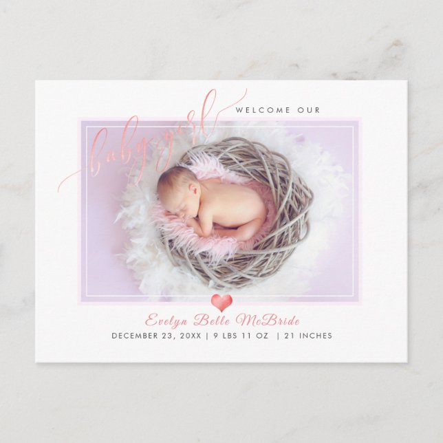 PixDezines Welcome Baby Girl, Faux Foil Script Announcement Postcard (Front)