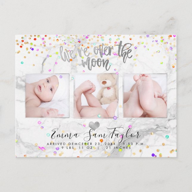 PixDezines We're Over the Moon Birth Confetti Announcement Postcard (Front)