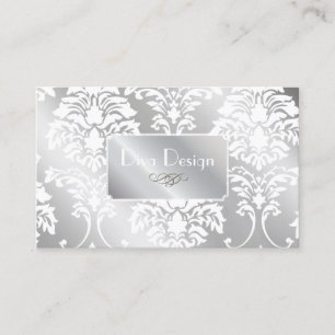 PixDezines White Damask + Silver Tone Business Card