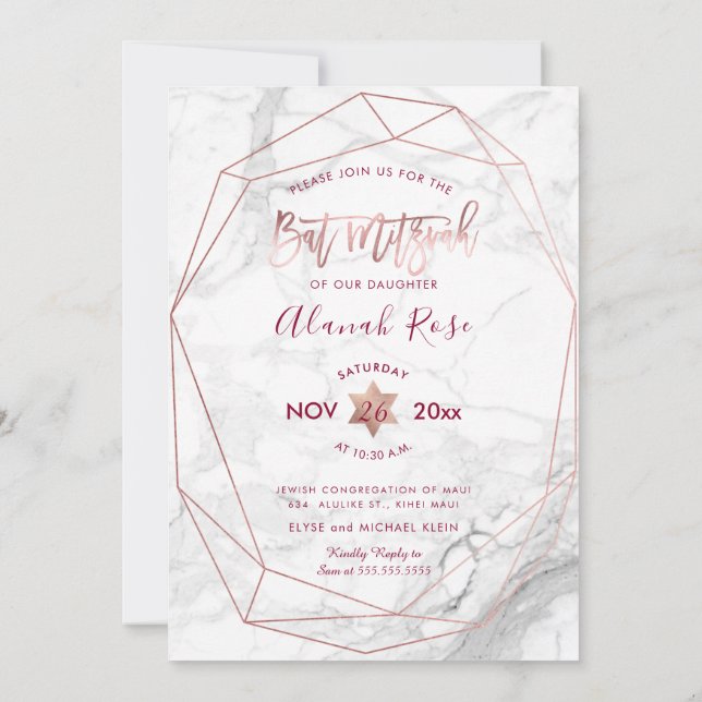 PixDezines White Marble Bat Mitzvah/Rose Gold Invitation (Back)