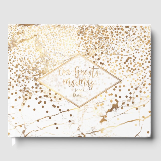 PixDezines WHITE MARBLE+FAUX GOLD CONFETTI Guest Book (Front)