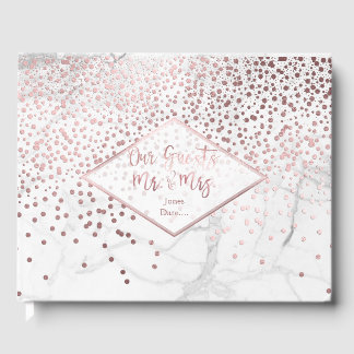 PixDezines WHITE MARBLE+FAUX ROSE GOLD CONFETTI Guest Book
