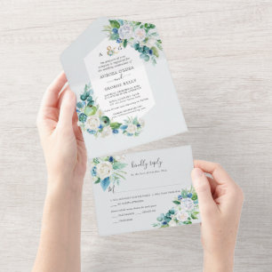 PixDezines Winter H2 Flowers Elegant White Blue  All In One Invitation
