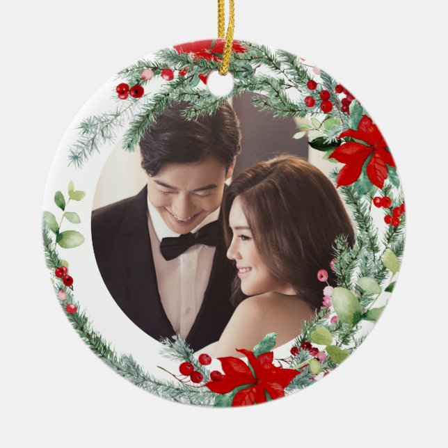 PixDezines Winter Wreath, First Christmas Ceramic Tree Decoration (Front)