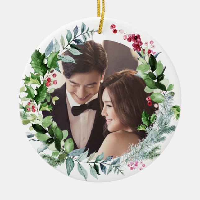 PixDezines Winter Wreath, First Christmas Ceramic Tree Decoration (Front)