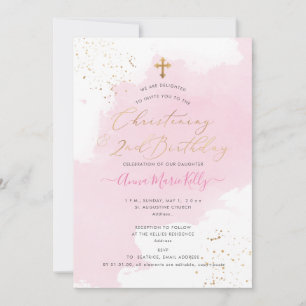 PixDezinesPink Watercolor Christening 2nd Birthday Invitation