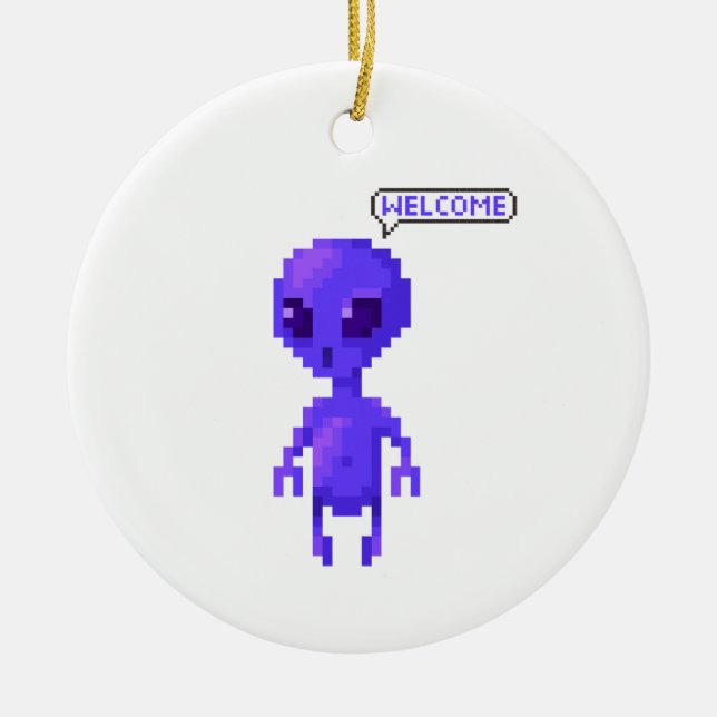 Pixel Alien Welcome Gaming Ceramic Tree Decoration (Front)