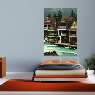 Pixel art, American town near the sea | AI Art  Poster