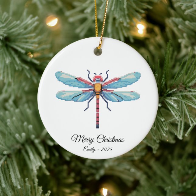 Pixel Art Blue Dragonfly Insect Art Christmas Gift Ceramic Tree Decoration (Tree)