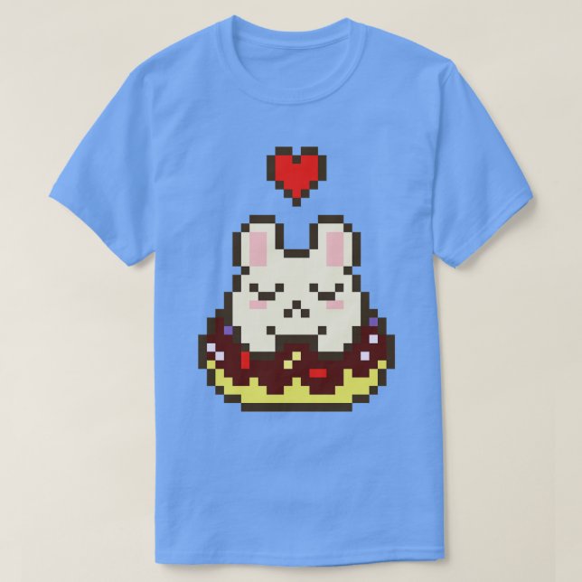 Pixel Art Bunny Loves Chocolate Covered Doughnut w T-Shirt (Design Front)