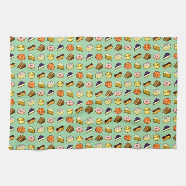 Pixel Art Cakes and Pastries Pattern Tea Towel (Horizontal)