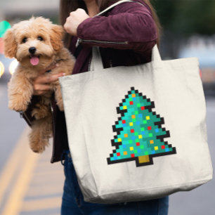 Pixel art Christmas tree green with decorations Large Tote Bag