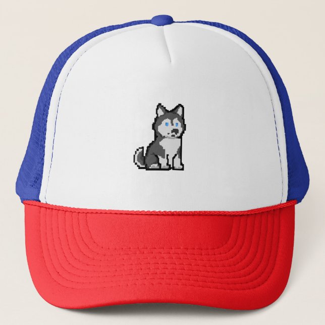 Pixel Art Curious Husky T-Shirt – Adorable Retro D Trucker Hat (Front)