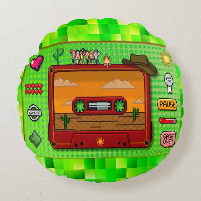 Pixel art denim  round cushion (Front)