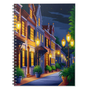 Pixel art depiction of a serene city street at nig notebook