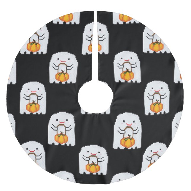 Pixel art ghost: Halloween pattern Brushed Polyester Tree Skirt (Front)