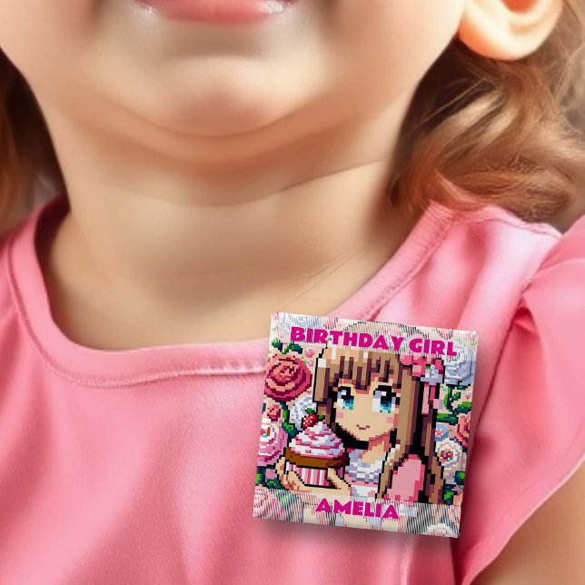 Pixel Art Girl's Pink Birthday Girl Personalised 15 Cm Square Badge (Creator Uploaded)