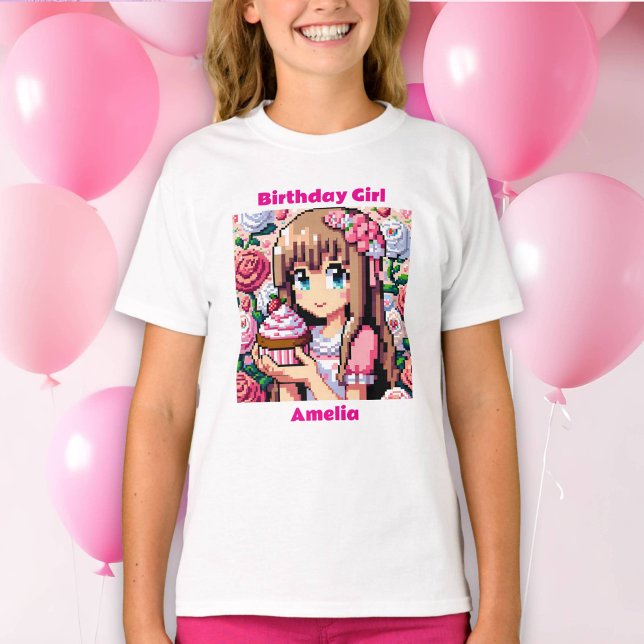 Pixel Art Girl's Pink Birthday Girl Personalised T-Shirt (Creator Uploaded)