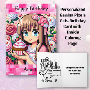 Pixel Art Girl's Pink Birthday Party   Colour Page Card