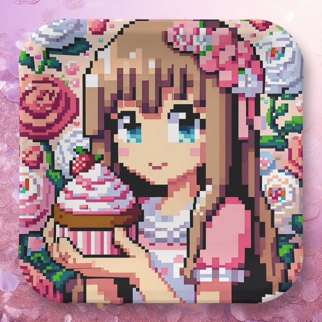 Pixel Art Girl's Pink Birthday Party Paper Plate (Creator Uploaded)