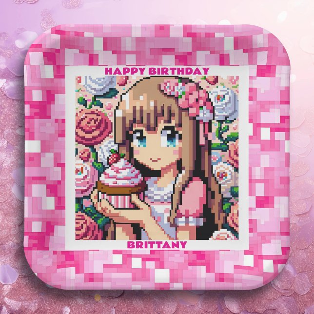 Pixel Art Girl's Pink Birthday Party Personalised Paper Plate (Creator Uploaded)