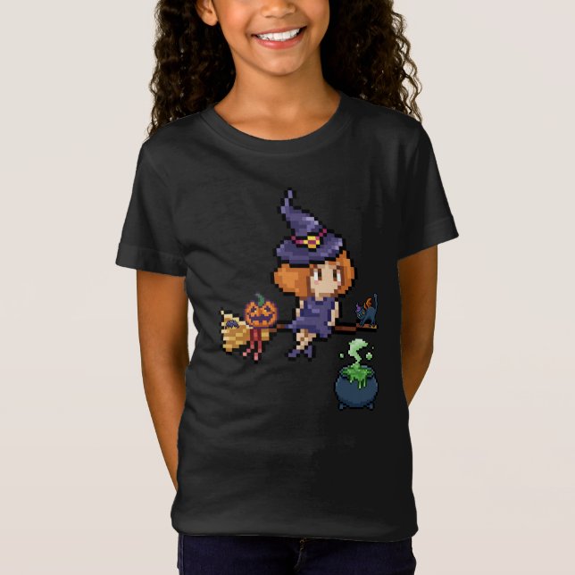 Pixel Art Halloween Witch on Broomstick with Cat T-Shirt (Front)