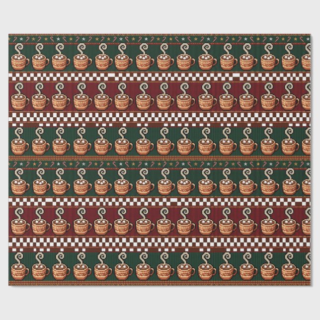 Pixel Art Hot Cocoa Christmas Pattern Wrapping Paper (Flat)