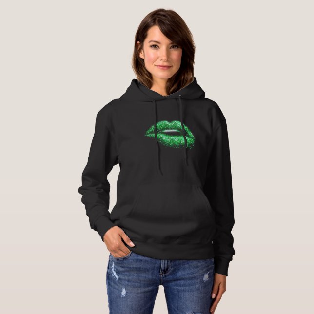 Pixel-Art Lips Green Glow 3D Pixels Hoodie (Front Full)