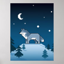 Pixel Art Lone Wolf Under the Moon