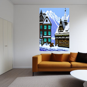 Pixel art, Norwegian town snowy mountain   AI Art  Poster