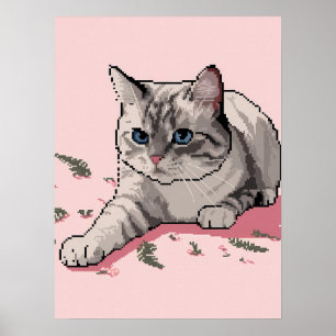 Pixel Art of Grey Ragdoll Cat with Blue Eyes Poster