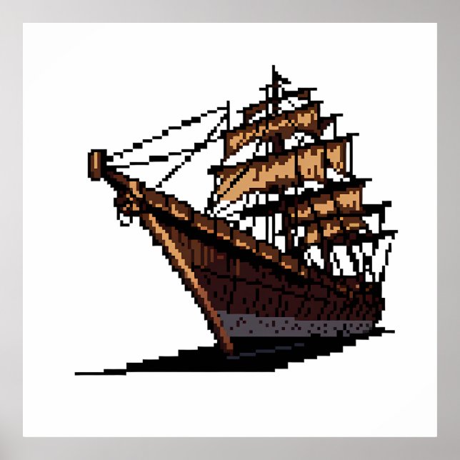 Pixel Art Pirate Ship on Grey Background Poster (Front)
