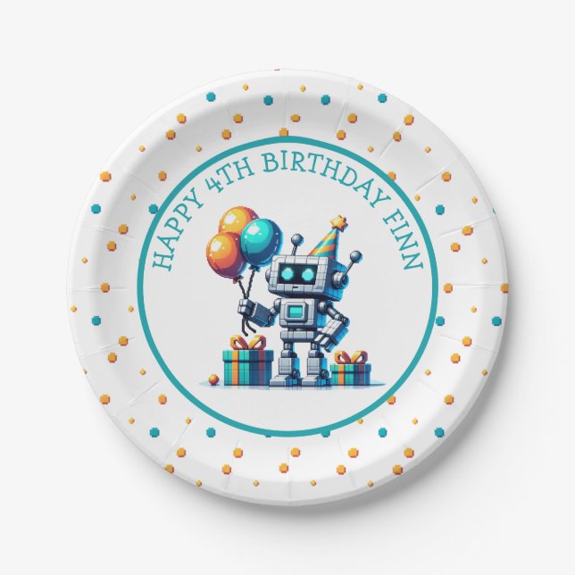 Pixel Art Robot in Orange and Teal Birthday  Paper Plate (Front)