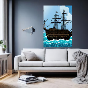 Pixel art,  sail boat on the great sea    AI Art Poster