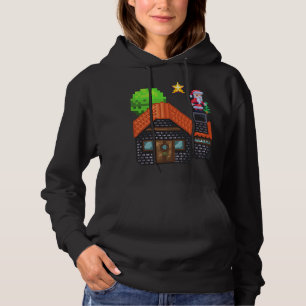 Pixel Art Santa on Rooftop Christmas House Scene Hoodie