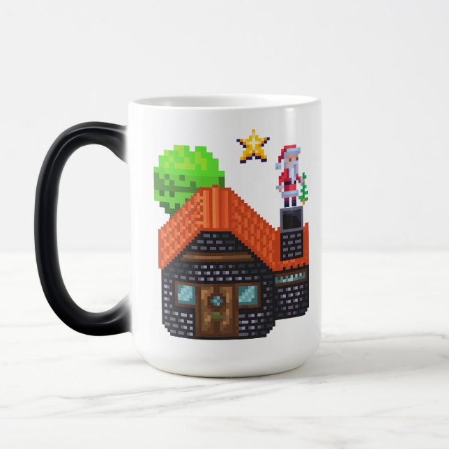 Pixel Art Santa on Rooftop Christmas House Scene Magic Mug (Left)