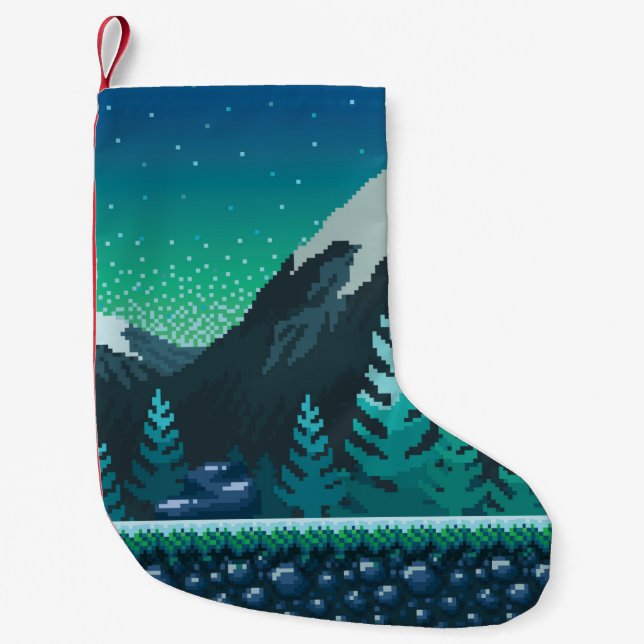 Pixel art seamless background. Location with snowy Small Christmas Stocking (Front)