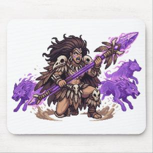 Pixel Art Shaman Warrior with Spirit Wolves Fantas Mouse Pad