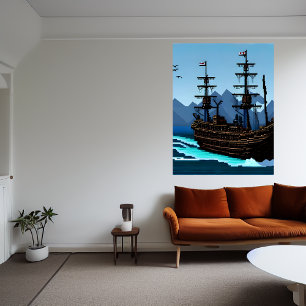 Pixel art, ship on the ocean   AI Art  Poster